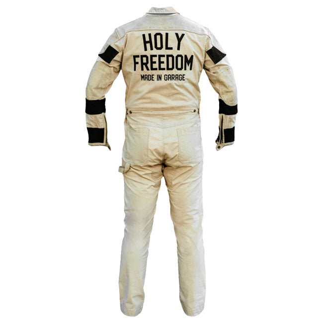 The Tutocrema from Holy Freedom is more than a one-piece suit. It''s the official Holy Freedom crew uniform; built for riders who live in the fast lane. Made from stretch cotton twill for all-day mobility; it features vintage-style treatment; striped fabric sleeve inserts; and bold embroidery that hits hard on both chest and back. Leather panels at the shoulders and elbows add abrasion resistance and attitude; while a central leather windproof flap keeps the elements in check. With front patch pockets; trou