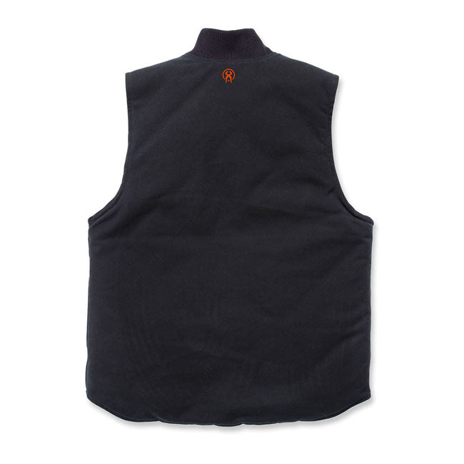 This Heavy duty canvas workjacket and workvest are made to last. The design and fabrication ensure a lightweight yet strong fabrication for your comfort; keeping you warm when the temperature drops cause of the lining. Front pockets are re-inforced with rivets. Made in a comfort cut to move freely when wearing.