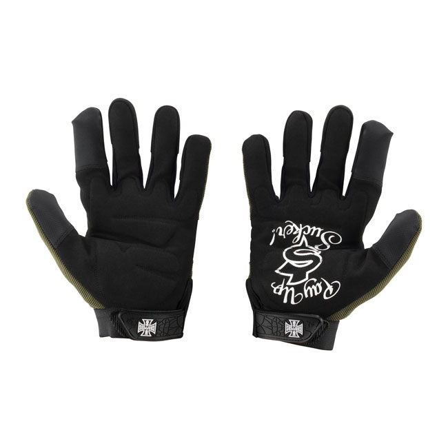 The WCC Pay up Suckers are sturdy gloves with on top of the gloves the iconic WCC logo. The inside palm features the pay up sucker logo. The gloves have a special touch screen area for your phone but be careful while riding.