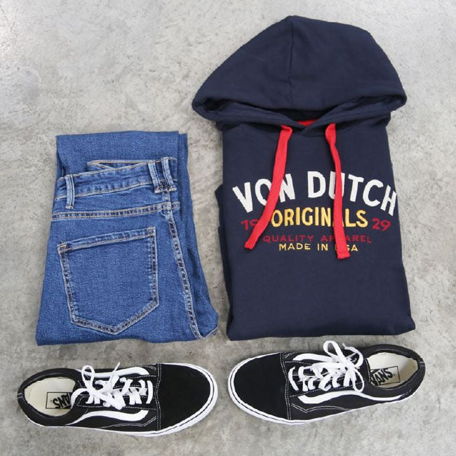 Von Dutch is an American fashion brand posthumously named after Kenny Howard; a.k.a. "Von Dutch"; an American motorcycle mechanic; artist and pinstriper. We have some nice shirts; sweats; hoodies; t-shirts and caps in our collection. All produced of cotton or a mix of cotton and elastane. So make up your mind and choose or just buy them all!