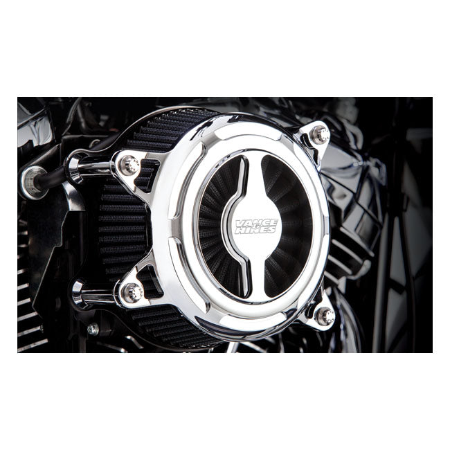 The Vance & Hines VO2 air cleaner delivers. Improved engine performance with that all important touch of class and style. With large inlet backing plate and billet venturi entrance for smooth air flow. CNC machined billet cover with riveted badge or machined-in badge with the Vance & Hines logo. All include a K&N Xstream high-flow and washable air filter element to insure your bike will never run out of breath.