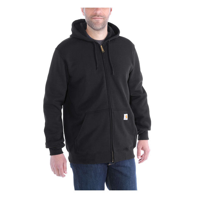 From job site to backyard barbecue; this Carhartt full zip hoodie offers easy-wearing warmth. Carhartt durability and familiar hoodie comfort mean you can swing an axe or flip a burger with equal ease. A midweight cotton blend offers everyday versatility. Loose Fit Attached three-piece hood with adjustable draw cord Long Sleeve Two lower front hand warmer pockets Full-length front zipper Stretchable; elastane reinforced rib knit cuffs and waistband Carhartt label sewn on pocket Woven 10.5 oz/ydý -
