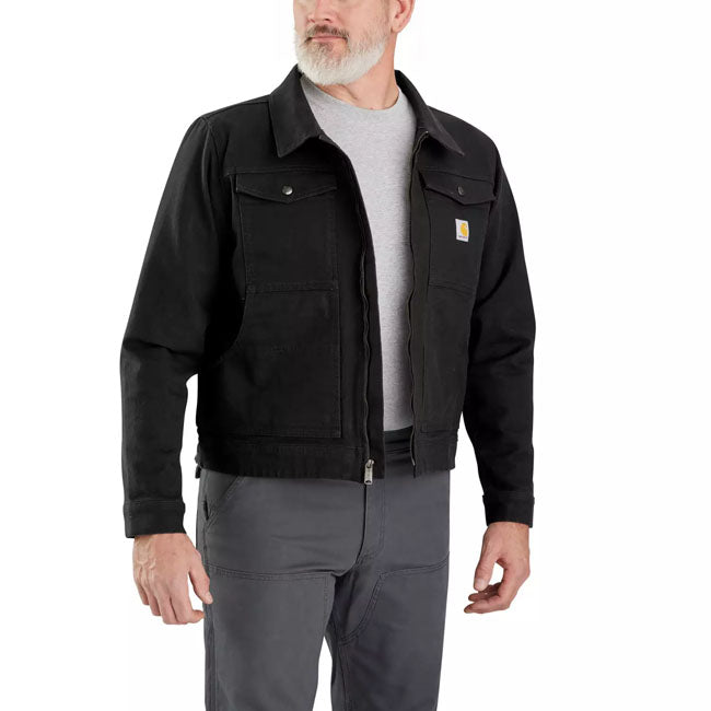 Relaxed fit ú 11.4 oz/ydý - 387 gsm ú 99% cotton/1% elastane ú stretch soft duck ú rugged flexT - eases movement ú long sleeve ú spread collar ú two chest pockets with snap closure ú two lower front side entry pockets ú two interior pockets; one pocket with zipper closure and one with hook-and-loop closure ú full-length front zipper ú adjustable cuffs ú drop tail hem with adjustable snap side tabs ú carhartt label sewn on pocket
