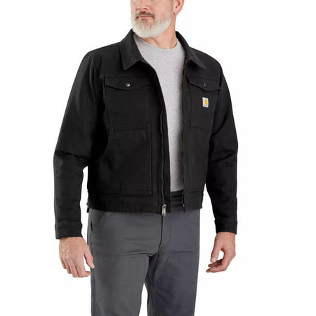 Relaxed fit ú 11.4 oz/ydý - 387 gsm ú 99% cotton/1% elastane ú stretch soft duck ú rugged flexT - eases movement ú long sleeve ú spread collar ú two chest pockets with snap closure ú two lower front side entry pockets ú two interior pockets; one pocket with zipper closure and one with hook-and-loop closure ú full-length front zipper ú adjustable cuffs ú drop tail hem with adjustable snap side tabs ú carhartt label sewn on pocket