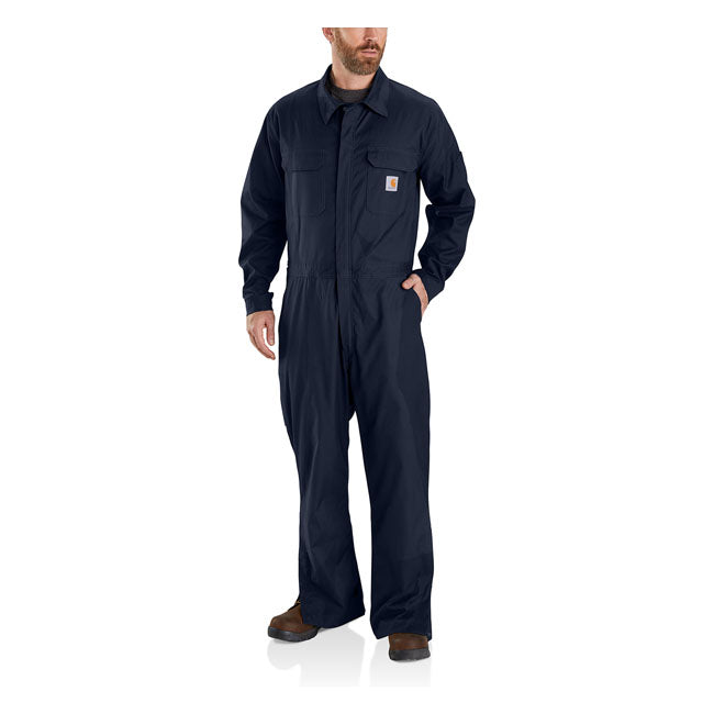 The Carhartt Canvas coverall allows for more movement with it''s loose and straight fit. Made of stretch cotton blend with elastane. Features multiple utility pockets; two-way front zipper with interior storm flap and ankle-to-knee leg opening with snap closure fits over workboots and snap adjustable cuffs.