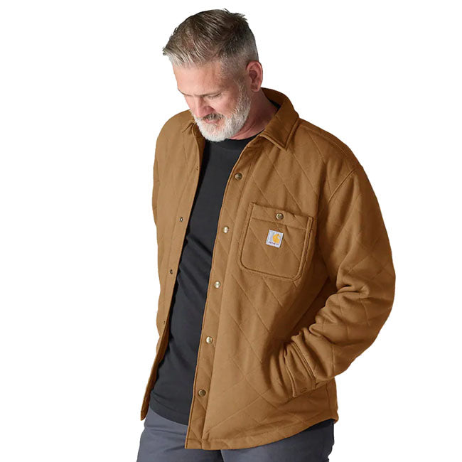Carhartt Quilted Snap Front Shirt Bruin DWR Fleece Loose Fit Met Kraag En Twee Zakken