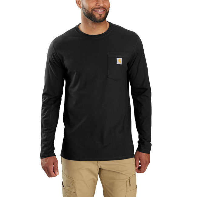 The hotter it is outside; the harder it is to stay focused. This Carhartt ForceT long sleeve is super-lightweight and airy; so you feel your best when the mercury rises. Made for the most demanding jobs; it also dries fast; and features plenty of stretch. Reflective taping helps add visibility on days you''re out before the sun. Relaxed Fit Carhartt ForceT - FastDryT Technology is engineered to fight sweat and dry fast; so you stay cool and comfortable 24/7 Long Raglan Sleeve Rib knit crew neck Left ch