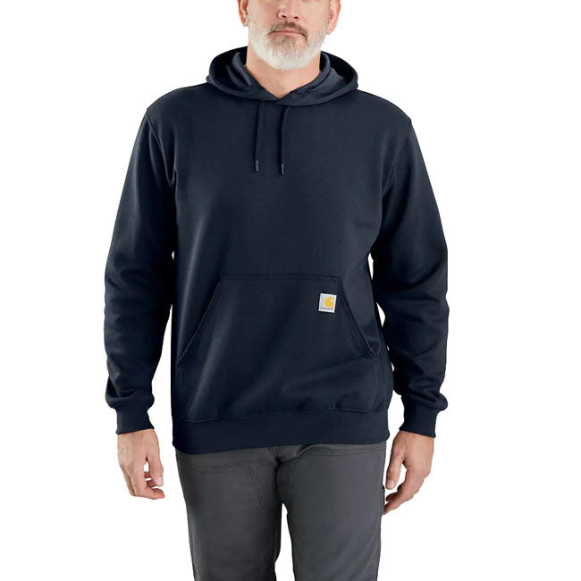 From job site to weekend projects; this Carhartt hoodie offers easy-wearing warmth. Carhartt durability and familiar hoodie comfort mean you can swing a hammer or relax with equal ease. A midweight cotton blend offers everyday versatility. Loose fit Attached three-piece hood with adjustable draw cord Two lower front hand warmer pockets Stretchable; elastane reinforced rib knit cuffs and waistband Carhartt label sewn on pocket Woven 10.5 oz/ydý - 357 gsm Midweight Fleece