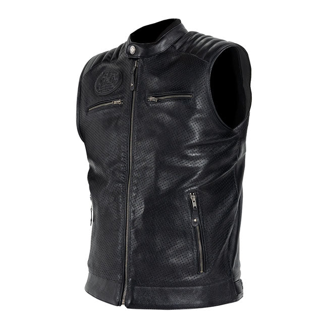 The John Doe Storm leather vest combines classic biker style with functional versatility and high-quality workmanship. Made from robust cowhide (1.1-1.3 mm); it offers an authentic design with well thought-out details for maximum comfort; both on the motorcycle and in everyday life. Thanks to the perforated construction of the leather; the Storm leather vest remains breathable and is therefore also suitable for warmer summer days. 100 % cowhide (1.1-1.3 mm) for a durable and high-quality finish. Perforate