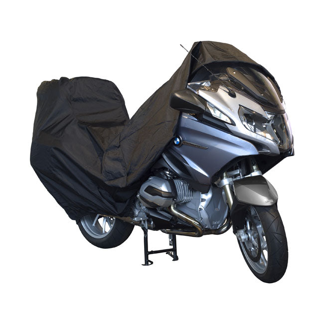 DeLuxe outdoor motorcycle cover for the toughest outdoor circumstances. Comes with a special translucent plastic window for the license plate. This is required by law in some countries when the bike is parked in a public space.   High-quality cover for motorcycles with top case.  Maximum protection against rain; dust; frost and UV.  Air vents to avoid condensation.  Chain lock openings in front and rear.  Soft cotton lining protects against scratches.  Heat-resistant lining (up to 300 øC) at exhaust 