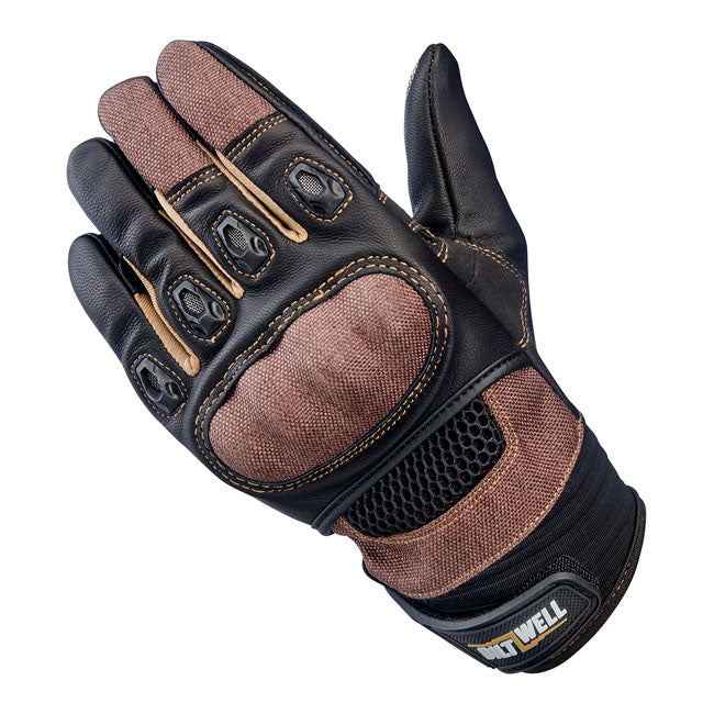 Like other leather/textile hybrids on the sport bike grid; the Biltwell Bridgeport glove features rugged construction and a racy silhouette. Supple goatskin leather; three-ply vented polyester; ballistic nylon; and CE-certified impact- and friction-zone reinforcement makes our most advanced three-season riding glove ready for business.  - Supple goatskin leather palm; fingertips; thumb; and friction panels.  - Flexible thermoplastic rubber wrist tab with molded impact protection.  - Anatomically-shaped synt