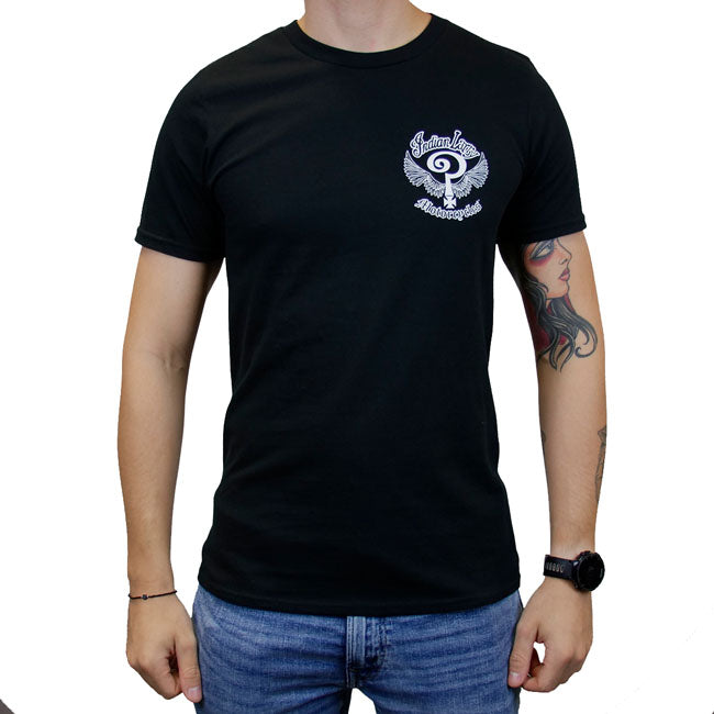 Indian Larry was a born and raised New Yorker who discovered his passion for mechanics at a very early age. Clean; classic; and built with attitude; the John''s Tee brings signature Indian Larry style in bold black with crisp white logo hits on the front and back. Made from 100% pre-shrunk cotton and crafted in the USA; it's the go-to tee for those who live fast and ride louder.