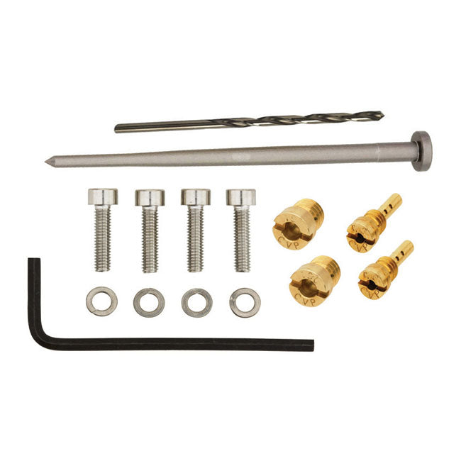 Basic recalibration kit for the CV carburetor.  Includes a custom design needle; two idle; two main jets; stainless floatbowl hardware and tuning instructions.