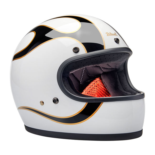 The Biltwell Gringo takes its ''60s motorsport aesthetic and elevates it to modern ECE R22.06 and DOT motorcycle standards. The injection-molded ABS outer shell is rugged yet lightweight with hand-painted beautiful colors. Removable/replaceable comfort liner and cheek pads feature brushed fleece Lycra touch points to absorb and evaporate perspiration. Also there are speaker cut-outs for intercoms and a double d-ring chin strap.