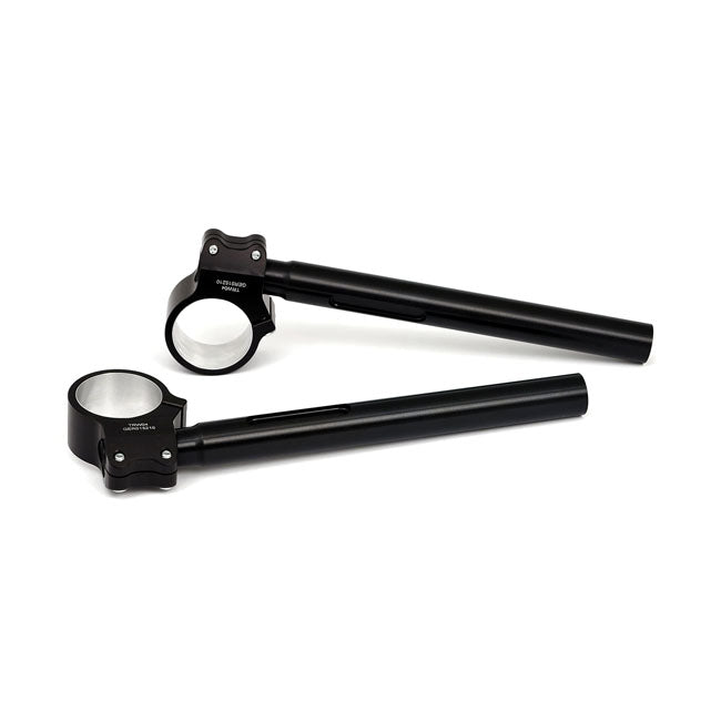Black anodized. For 41mm fork tubes. Simply installs by removing the top triple tree; or lower the forks from the triple tree; and clamp the clip-ons around the inner fork tubes. Manufactured from anodized aluminum. Comes with machined-in slots to accommodate 82-up style H-D models. Accepts regular 1" diameter handlebar controlsThis comes with approval.  Note: 517191 (silver) and 517192 (black) replacement tubes are available without machined-in slots for use on pre-1982 models.Note: Check your local MCS de