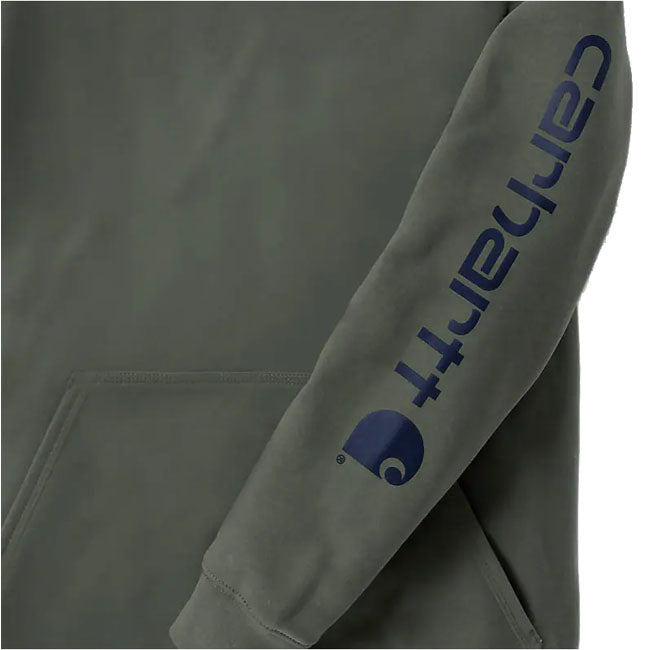 Cut the morning chill with this Carhartt Sleeve logo hoodie. A traditional cotton blend makes for versatile layering. Carhartt durability and familiar hoodie comfort mean you can strap on your tool belt or relax with equal ease. Available in a range of iconic and seasonal colors.  Loose fit Attached three-piece hood with adjustable draw cord Two lower front hand warmer pockets Stretchable; elastane reinforced rib knit cuffs and waistband Carhartt "Signature Logo" plastisol graphic print on left sleeve