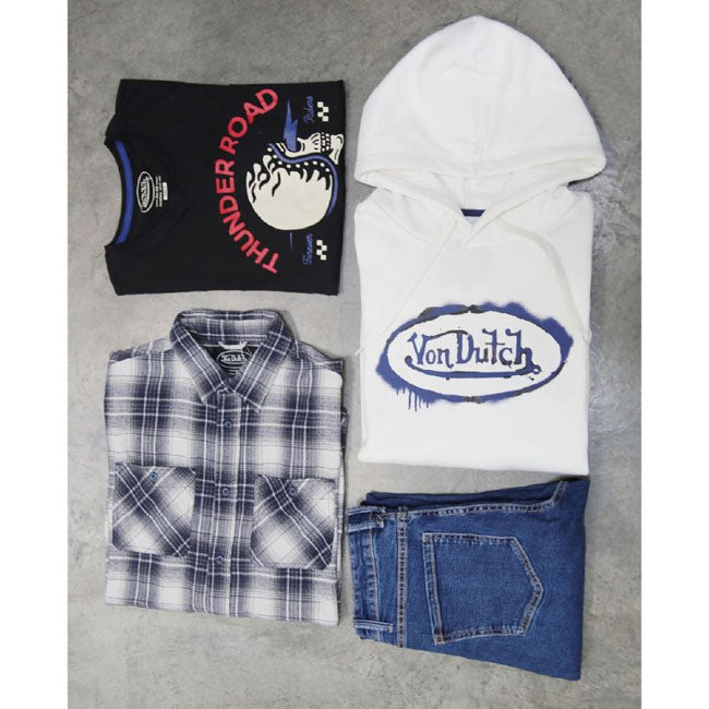 Von Dutch is an American fashion brand posthumously named after Kenny Howard; a.k.a. "Von Dutch"; an American motorcycle mechanic; artist and pinstriper. We have some nice shirts; sweats; hoodies; t-shirts and caps in our collection. All produced of cotton or a mix of cotton and elastane. So make up your mind and choose or just buy them all!