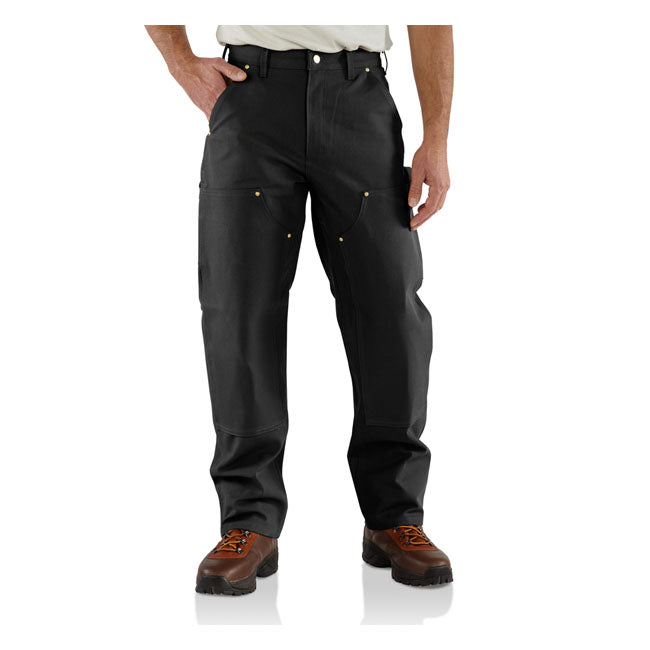 LOOSE FIT; STRAIGHT LEG ú 12 oz/ydý - 407 gsm ú 100% Cotton ú Firm duck ú Sits at the waist ú Long Trousers ú Two front slant pockets with extra hidden coin pocket in right front ú Left-leg hammer loop ú Two fully lined back patch pockets ú Double front panels for durability with bottom entry knee pad pockets ú Right leg back utility pocket for easy storage of ruler or welding rods; left leg back tool pocket ú Folded single stitched clean finished hem ú Triple stitched main seams ú Carhartt la