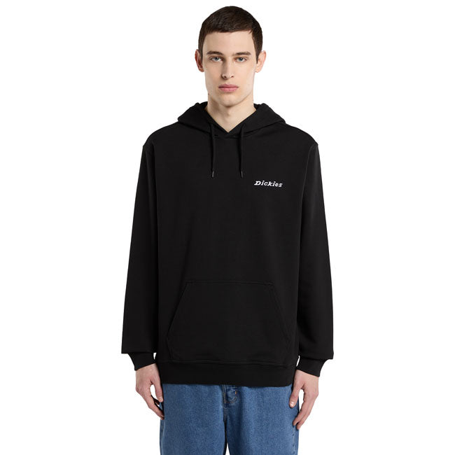 The Dickies Loretto hoodie is a relaxed fit; heavyweight hooded pullover. Made out of 425GSM cotton-poly french terry; this hooded sweater features lined drawstring hood; ribbed hem and cuffs; kangaroo pocket; and small and clean embroidered Dickies script logo on the left chest. A minimalist pullover hoodie with authentic Dickies detail and fabrication.  Relaxed fit 80% cotton / 20% polyester 425 GSM cotton-poly french terry