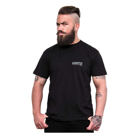 The Lucky 13 Bad Mofo t-shirt is a soft-spun heavyweight 100% cotton t-shirt. Features rib knit collar; shoulder to shoulder taping; cover seamed neck and double needle sleeves. There is a full print on the back and logo print on the front of the t-shirt. Lucky 13; to the good times!