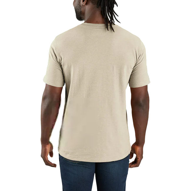 Lightweight; breathable; and made to move. This Carhartt relaxed-fit t-shirt is built from soft cotton-blend jersey and features a rib-knit crew neck; strong stitching; and a bold Carhartt block logo across the chest. Relaxed Fit Short Sleeve Rib knit crew neck Flat two needle cover stitch hem Carhartt "Block Logo" graphic print on front Woven Lightweight Jersey Cotton/Poly Vortex 60% Cotton/40% Polyester