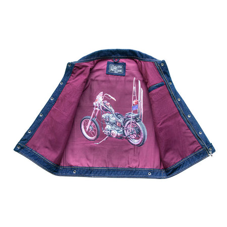 The 13 1/2  Rain-Splitter denim vest isn't waterproof as the name might suggest; but is named after Luuk's Rain-Splitter chopper which was featured in 13 and a Half Magazine #12.This vest is made of 14 oz. Tennessee denim; and the Rain-Splitter chopper is printed on the lining. There's a zipper and push buttons on the front and zippers on the side pockets and inner pocket. Also available in black. Look no further: this is your new favorite denim vest!