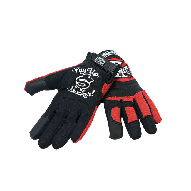 The WCC classic sturdy Riding gloves. The upper features the iconic WCC choppers logo and the inner palm has the "pay up socker" logo printed. These gloves are strengthened on the point they have to endure the most.