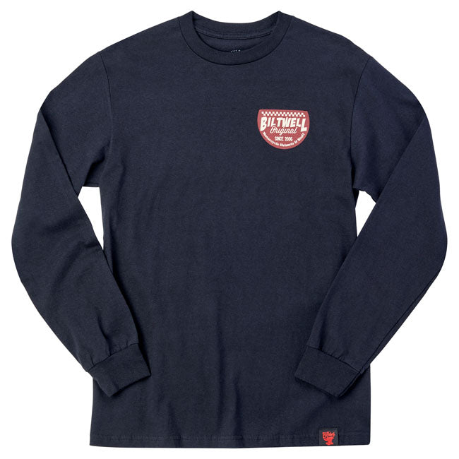 Go fast; turn left! 100% pre-shrunk 6oz cotton long sleeve is detailed with hand-screened water-based inks; woven clip tags and the irritating collar tag has been replaced by a screen-printed label. Biltwell consider this the perfect long sleeve; it''s got a buttery feel and is thick enough to be durable; but not a baggy old man shirt. It''s a true regular-fit; not a super thin slim-fit.