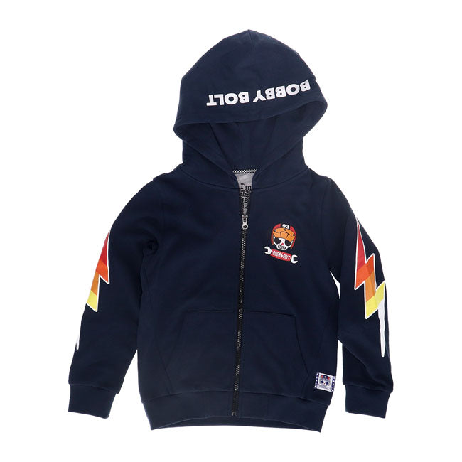 Bobby Bolt; born to be bold! Adventurous; streetwise; rebel; brave; naughty. For the coolest little humans we have this great full zip hoodie made from soft 100% organic french terry cotton fabric for ultimate daily comfort. Available in red; navy and army. Be bold be brave!