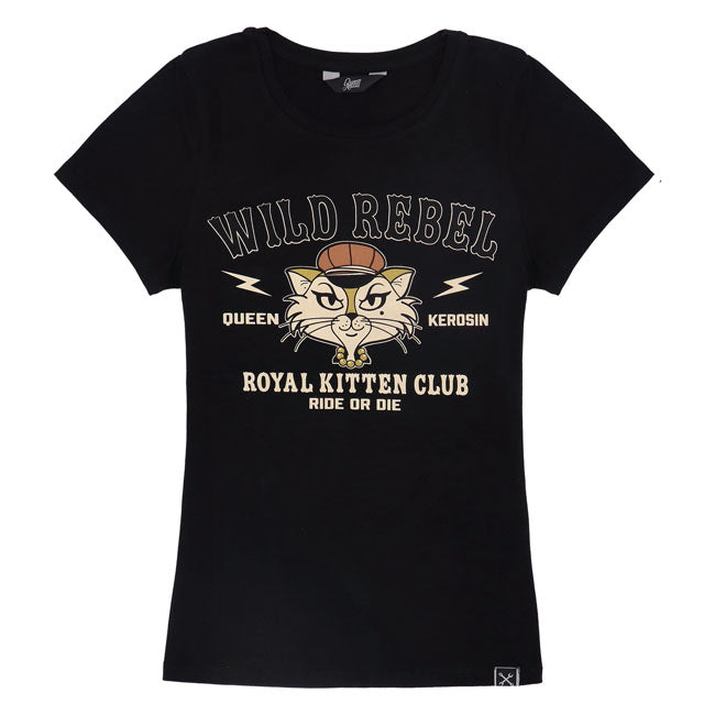 Queen Kerosin Royal Kitten Club T Shirt Blauw Met Rockabilly Print En Knipoog Kitten