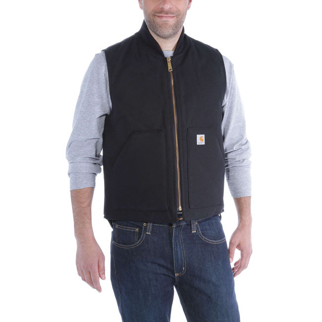 The Carhartt Firm duck insulated vest is water repellent and wind resistant; 12 oz Firm Hand Duck. A great extra layer. Relaxed fit Wind FighterT - Wind resistant Rib knit neck finish Two lower front patch pockets with lining Left inside pocket with hook-and-loop closure Full-length front zipper with interior storm flap Drop-tail hem for added coverage Triple stitched main seams Carhartt label sewn on pocket Woven 12 oz/ydý - 407 gsm Firm Duck Nylon lining quilted to arctic-weight-polyester in