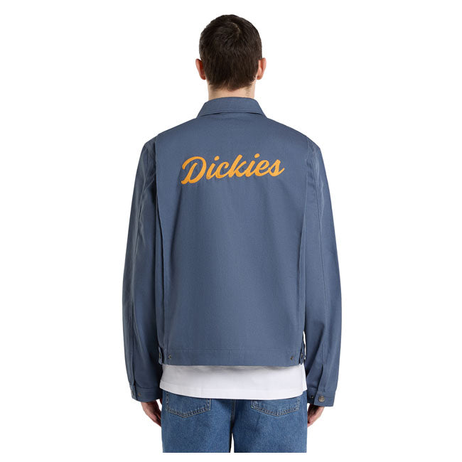 The Dickies Wellsville Painter jacket is a relaxed fit; unlined painter jacket. Made out of 12.3oz garment washed cotton; features include bottom front angled welt pockets; back pleats; full zip closure; adjustable hem and cuffs; small left hand chest script artwork on front and large on the back; and dyed-to-match woven label. A modern update of a classic jacket.  Relaxed fit 100% cotton 12.3oz garment washed cotton