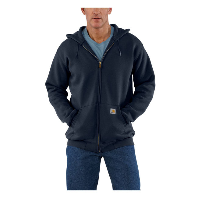 From job site to backyard barbecue; this Carhartt full zip hoodie offers easy-wearing warmth. Carhartt durability and familiar hoodie comfort mean you can swing an axe or flip a burger with equal ease. A midweight cotton blend offers everyday versatility. Loose Fit Attached three-piece hood with adjustable draw cord Long Sleeve Two lower front hand warmer pockets Full-length front zipper Stretchable; elastane reinforced rib knit cuffs and waistband Carhartt label sewn on pocket Woven 10.5 oz/ydý -