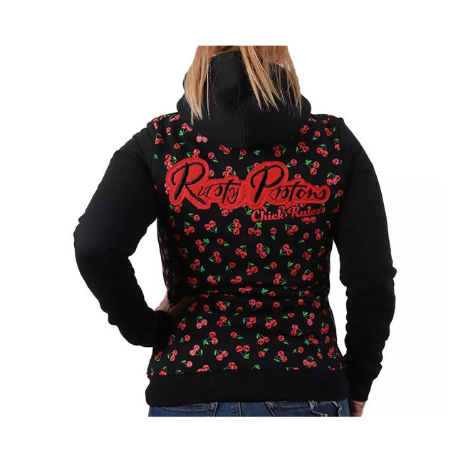 The Rusty Piston zip hoodie brings together leisure and style for women. Featuring a cozy fleece lining; this zip-up hoodie is perfect for casual comfort. Adjust the hood with drawstrings for a personalized touch. Embrace the Rusty Pistons rider spirit with patches on the chest and back; showcasing your love for the open road. A classy Rusty Pistons leather patch on the bottom hem adds authenticity. Ribbed knit detailing on the sleeves and bottom hem completes the look; providing a snug fit. Whether you''re