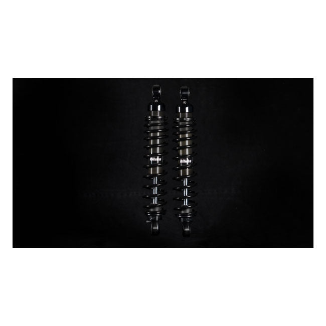 351mm eye to eye length. Manual adjustable preload & rebound damping. Quality single chamber shock absorber with floating piston oil/gas separator to help prevent foaming of oil. - High resistance alloy steel shock absorber body - 12mm diameter steel damper rod - Gas pressurized (Nitrogen) - Floating piston oil/gas separator - CNC machined billet aluminum alloy heads - Spring preload (stepless) - Rebound damping (5 or 7 clicks) - Fully serviceable - Includes 2 shock absorbers; assembly instructions; manual 