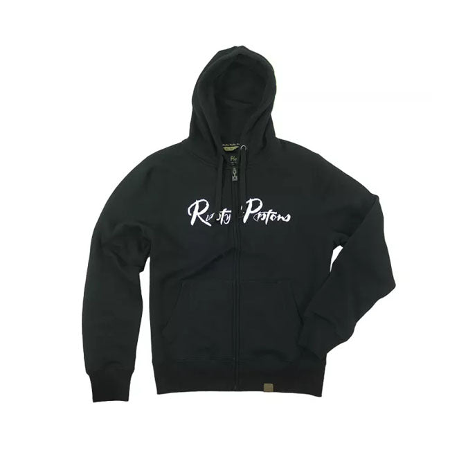 Rusty Pistons Riggins Zip Hoodie Zwart Met Fleecevoering En Lederen Patch Patches Op Borst En Rug