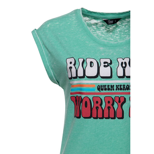 Queen Kerosin Ride More Worry Less Mint T Shirt Grafische Tee Voor Motorrijders Mint Kleur