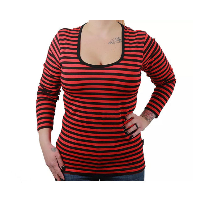 Rusty Pistons Mesa Dames Top Rood Zwart Gestreept Met Driekwartmouwen Katoen Elastaan Comfort