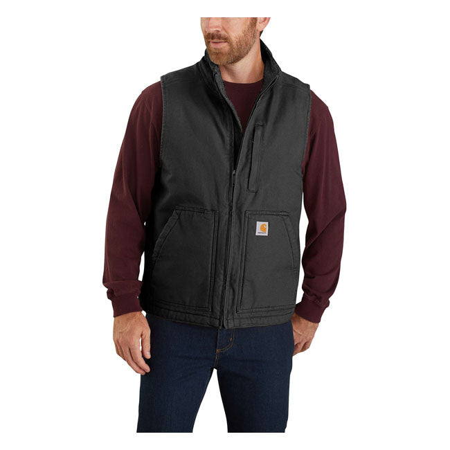On a cool day; layer up and head out into the field in this Carhartt Sherpa lined vest. Made with rugged cotton duck; it''s sherpa-lined on the inside for extra warmth and comfort. A zip pocket on the chest and two inside pockets provide storage for the tools of your trade. Loose Fit Wind FighterT - Wind resistant Mock neck Sleeveless Chest pocket with zipper closure Two sherpa-lined lower front pockets Front pockets with Sherpa lining Pen stall on wearer''s right lower front pocket Full-length fro