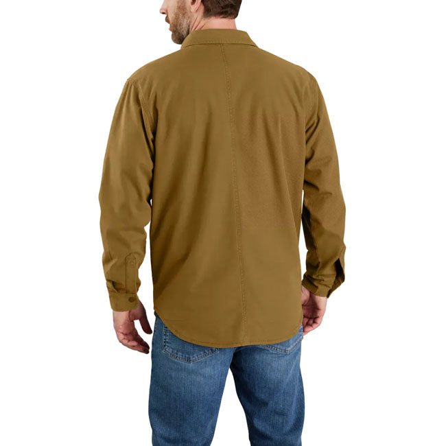 This Carhartt shirt jacket is warm enough to wear as a jacket on cooler days. It''s made of canvas with built-in flex to give you the range of motion you need on the job. A soft fleece lining defends against the cold. The relaxed-fit layer comes equipped with handwarmer pockets and two snap pockets for your wallet or keys. 8.5-ounce; 98% cotton / 2% spandex stretch canvas Fleece lining for warmth Built to move with Rugged Flexr stretch technology Spread collar Metallic Carhartt logo snaps throughout T