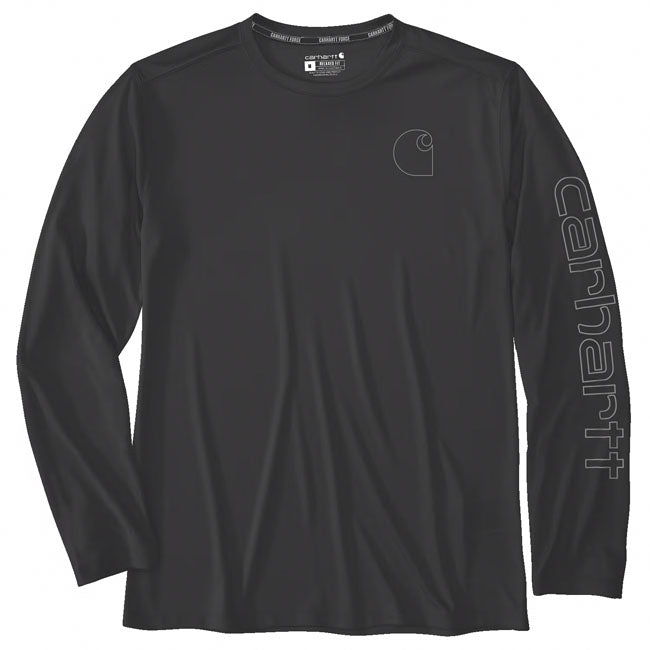 Relaxed fit ú 4 oz/ydý - 136 gsm ú 100% polyester ú interlock sun defender 40+ upf fabric ú carhartt forceT - fastdryT combined with anti-microbial properties ú fastdryT - wicks away moisture for comfort and fights odour with antimicrobial finish ú long sleeve ú rib knit crew neck ú flat two needle coverstitch hem ú carhartt "logo graphic" silicon graphic print on front and on left sleeve ú en 13758-2:2003+a1:2006 ú carhartt forceT labelling on left sleeve ú carhartt label on front