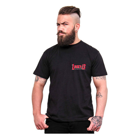 The Lucky 13 El Speedy t-shirt is a soft-spun heavyweight 100% cotton t-shirt. Features rib knit collar; shoulder to shoulder taping; cover seamed neck and double needle sleeves. There is a full print on the back and logo print on the front of the t-shirt. Lucky 13; to the good times!