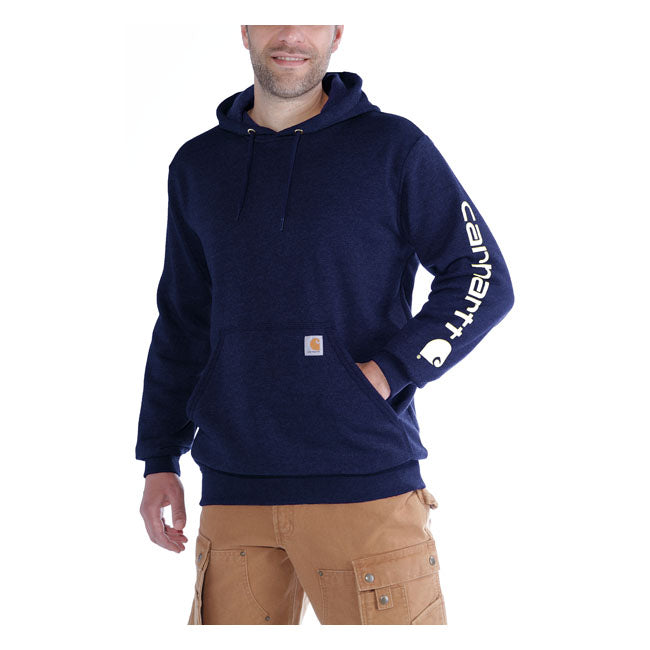 Cut the morning chill with this Carhartt Sleeve logo hoodie. A traditional cotton blend makes for versatile layering. Carhartt durability and familiar hoodie comfort mean you can strap on your tool belt or relax with equal ease. Available in a range of iconic and seasonal colors.  Loose fit Attached three-piece hood with adjustable draw cord Two lower front hand warmer pockets Stretchable; elastane reinforced rib knit cuffs and waistband Carhartt "Signature Logo" plastisol graphic print on left sleeve