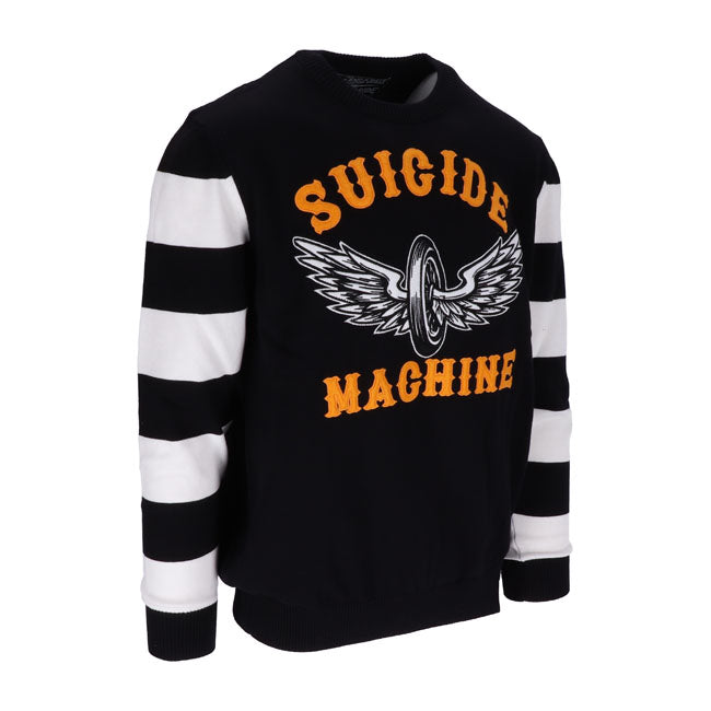 Oh yeah honey! The Outlaw sweater series spawned another baby. The Outlaw Suicide Machine! With felt applique letters and an embroidered logo this 12GG knitted; 100% cotton sweater sports the same fit as the other Outlaw sweaters. Now get in gear and don't kill yourself!