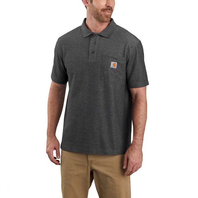 Loose fit ú 6 oz/ydý - 203 gsm ú 62% polyester/38% cotton ú pique ú no-roll rib knit collar ú short sleeve ú polo collar ú left-chest contractor''s work pocket with unique silo for pens; pencils or tools ú three-button front ú no cuffs for increased range of motion ú square bottom with side vents ú small split in side seams ú colour-fast fabric ú carhartt label sewn on pocket