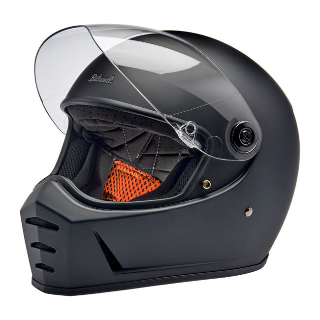 Progressively styled and rigorously tested; the Biltwell Lane Splitter; ECE 06 and DOT approved; helmet is a top choice for riders who demand comfort and high performance. The aggressive looking lines of this helmet truly set it apart in the retro-styled helmet market. Features include a rugged ABS outer shell with hand-painted finish; ventilated and shock-absorbing EPS safety liner with gorgeous hand-stitched interior padding; removable cheek pads; clear anti-fog and anti-scratch CE-certified shield. Also 