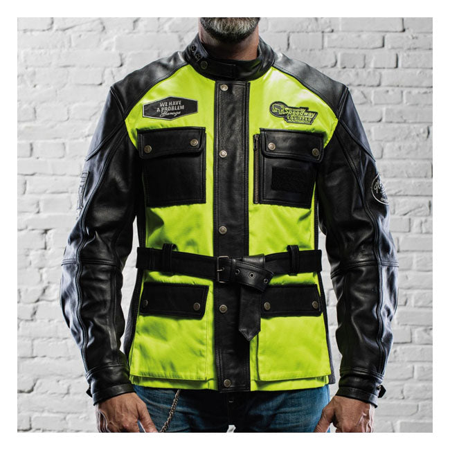 CE approved jacket with high visibility to guarantee safety on the road. Classic design with 8 pockets (5 external and 3 internal); waist belt and completely water repellent. The inner lining consists of 100% black silk. Features universal pockets for inserting back protectors; shoulder and elbow protectors.