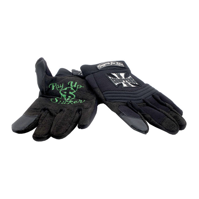 The WCC classic sturdy Riding gloves. The upper features the iconic WCC choppers logo and the inner palm has the "pay up socker" logo printed. These gloves are strengthened on the point they have to endure the most.
