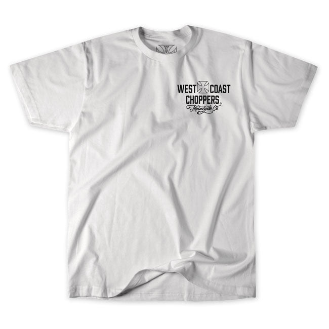 Ride in classic chopper style with the West Coast Choppers Motorcycle Co t-shirt. Crafted from 100% premium cotton; this t-shirt offers a comfortable fit and feel. Featuring the iconic Motorcycle Co. logo on both the front and back; it''s a bold statement piece for any rider. Available in several color combinations; this t-shirt combines comfort with the unmistakable West Coast Choppers attitude.