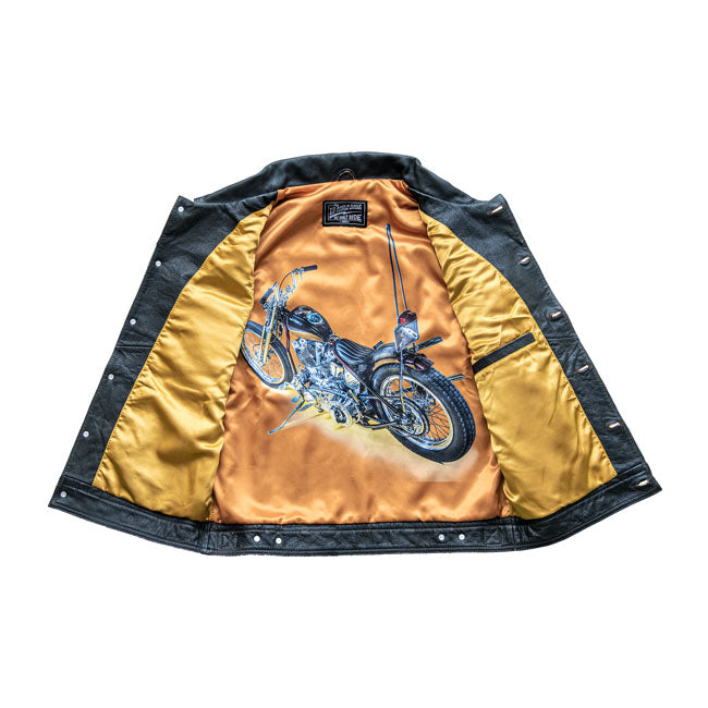 The 13 1/2 Blood-Moon leather vest is made of drum dyed Buffalo leather; and even will look better the more you wear it. Printed on the lining is Giel's Blood-Moon chopper; hence the name of the vest. You can read more on this chopper in 13 and a Half Magazine #4. The leather vest has 4 pockets and one inner pocket.
